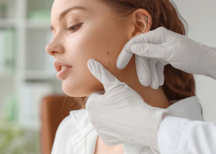 dermatologe untersucht haut einer jungen frau