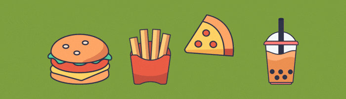 procesados, hamburguesa, patatas fritas, pizza y refresco