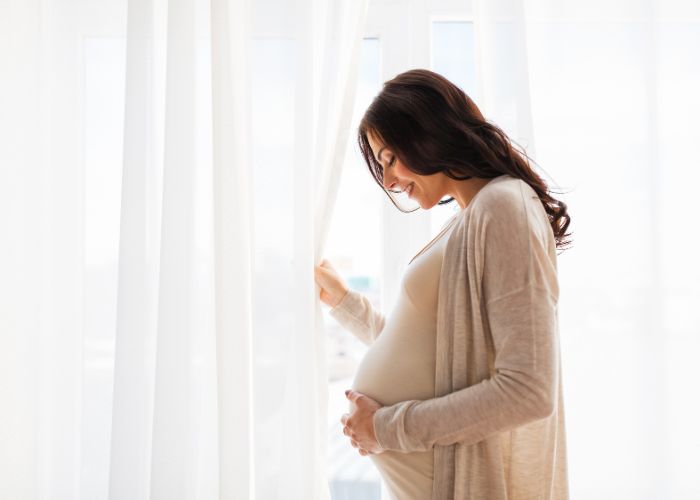 schwangere glueckliche frau fenster