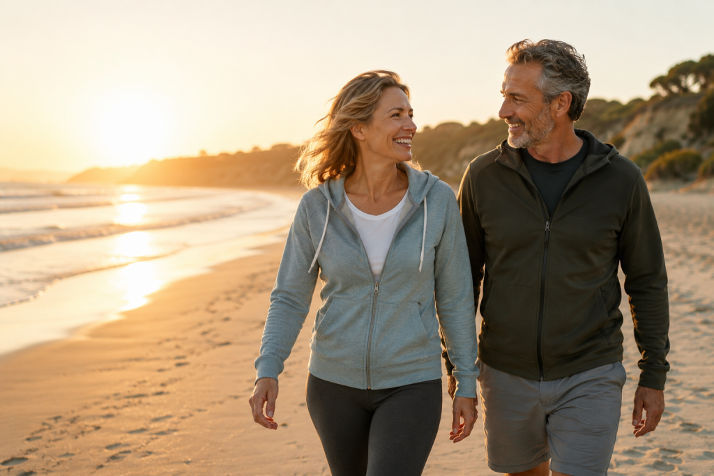 Pareja de mediana edad paseando por la playa - Biohacking y salud intestinal