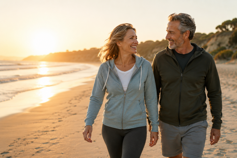 Pareja de mediana edad paseando por la playa - Biohacking y salud intestinal